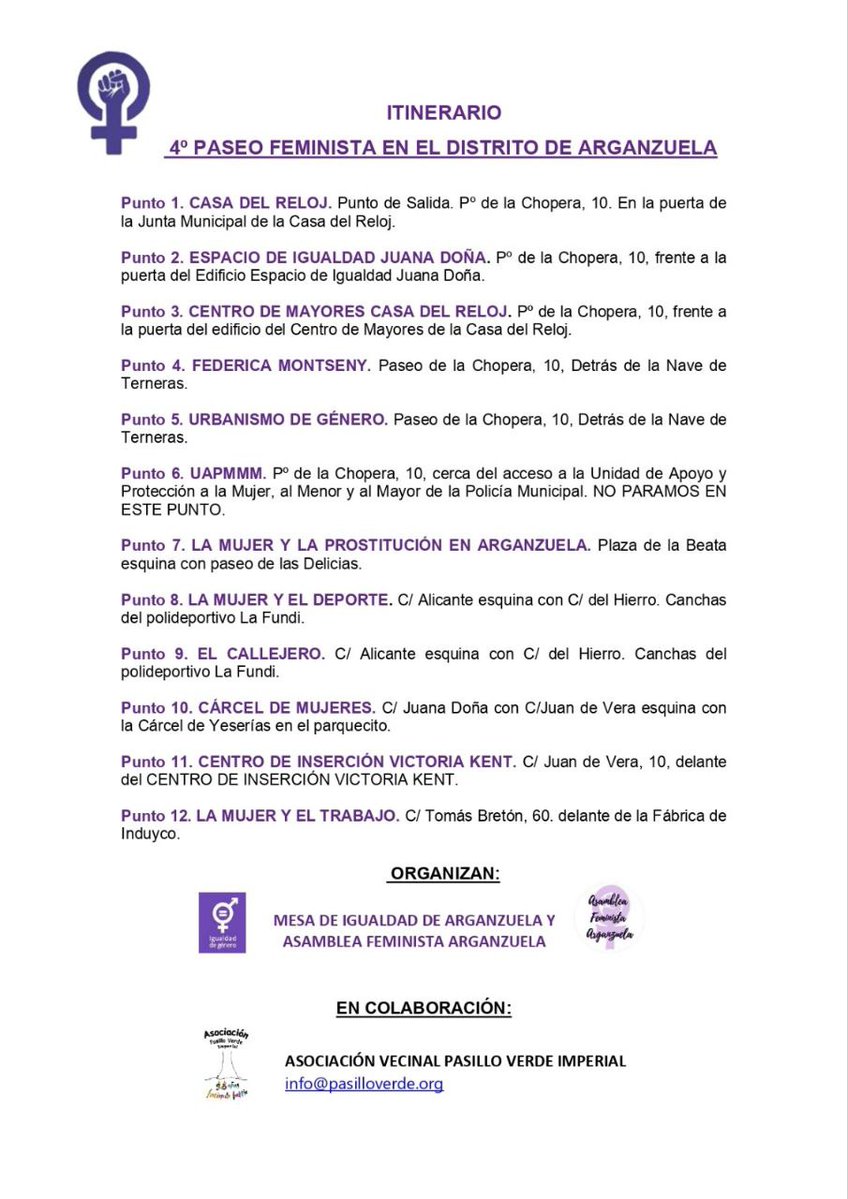 Retomamos nuestros paseos #25aniversario‼️

En vísperas del #25N, Día Internacional de la Eliminación de la Violencia contra la Mujer, acompáñanos en #PASEOFEMINISTA por #Arganzuela.
Con la Mesa de Igualdad de Arganzuela y <a href="/AFArganzuela/">Asamblea Feminista de Arganzuela</a>
🗓️Sábado 16 Nov 11h
📌Paseo Chopera, 10