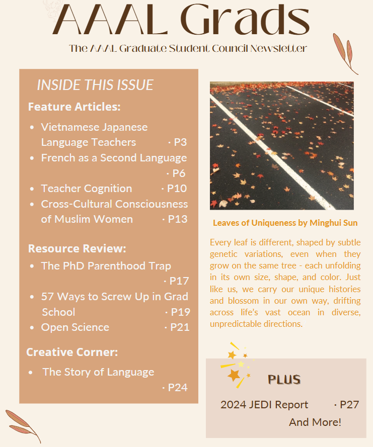 📨AAALGrads Newsletter - Vol.9 Issue 1📩
Hi there! We are excited to share this issue of the AAALGrads Newsletter with you. 
aaal-gsc.org/fall-2024-news…
#AAAL #AAAL2025