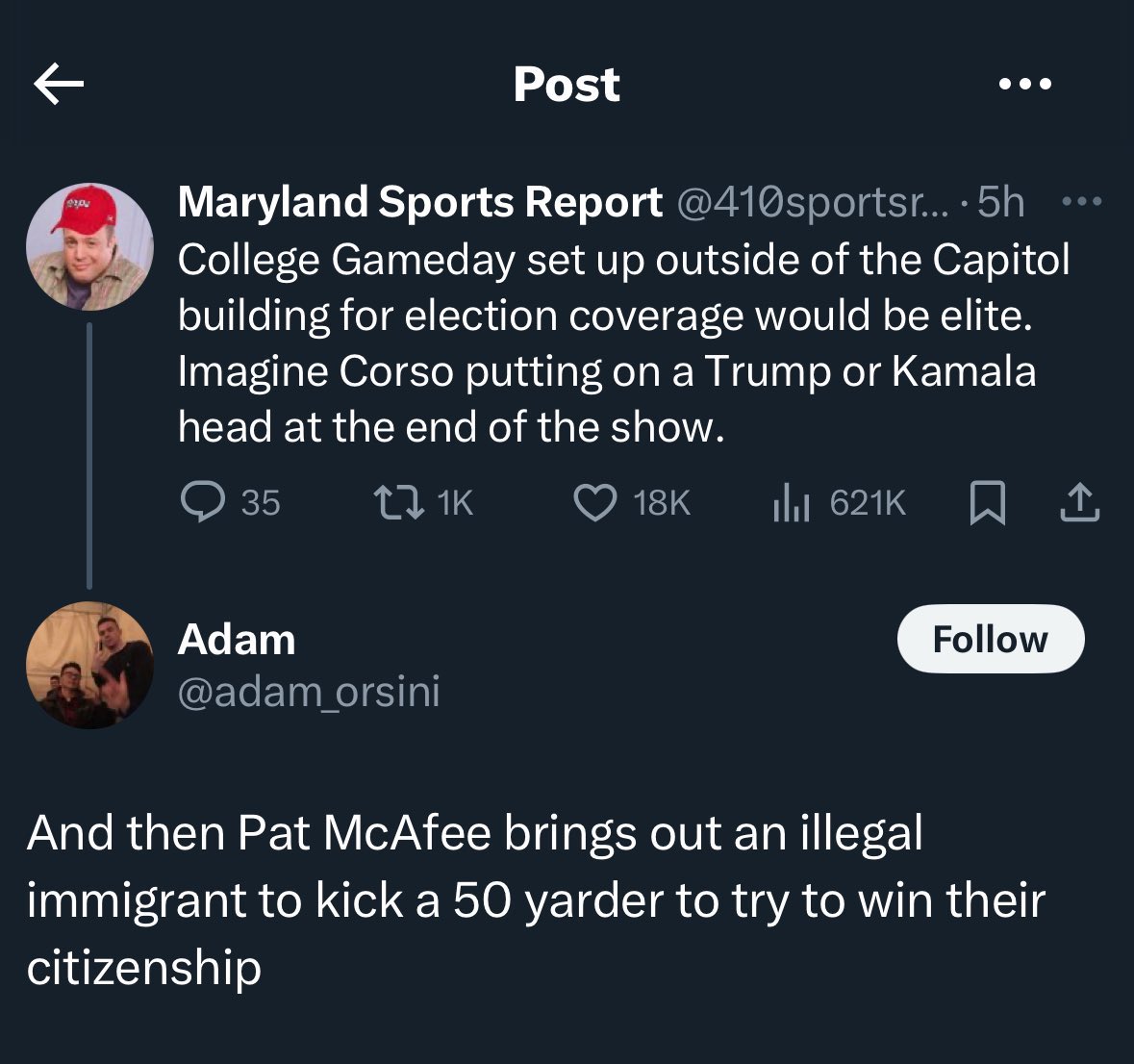 JChristensen86's tweet photo. Can you imagine the ratings?!? 🤣😂🤣 #PresidentialElection2024 #collegegameday #Corso @PatMcAfeeShow @CollegeGameDay https://t.co/gcom58rGvW