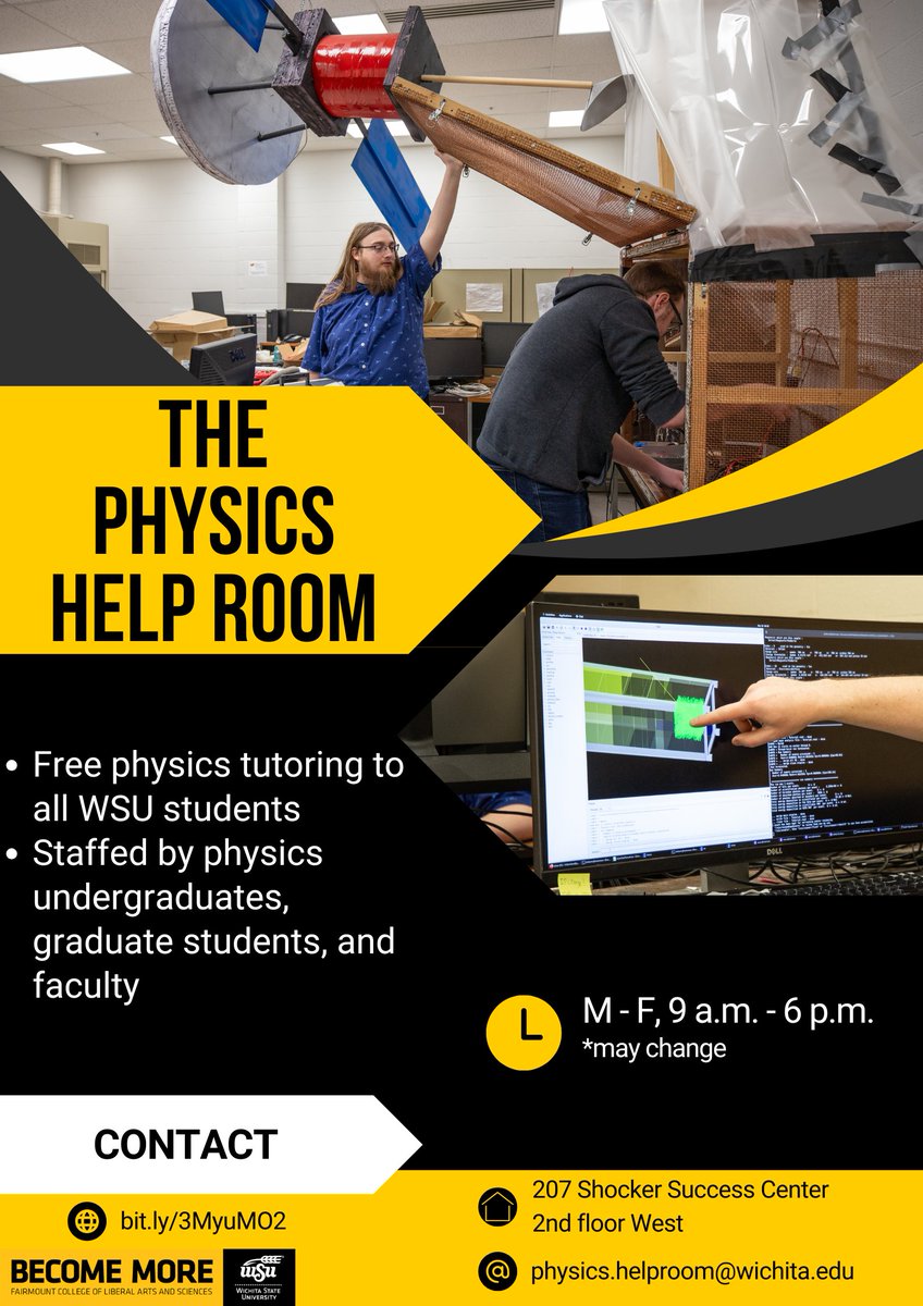 Physics can be tough, but the Physics Help Room is here to help! Get free tutoring from physics students and faculty to succeed in the classes. More info: bit.ly/3MyuMO2
#becomemore #fairmountcollege #wichitastate