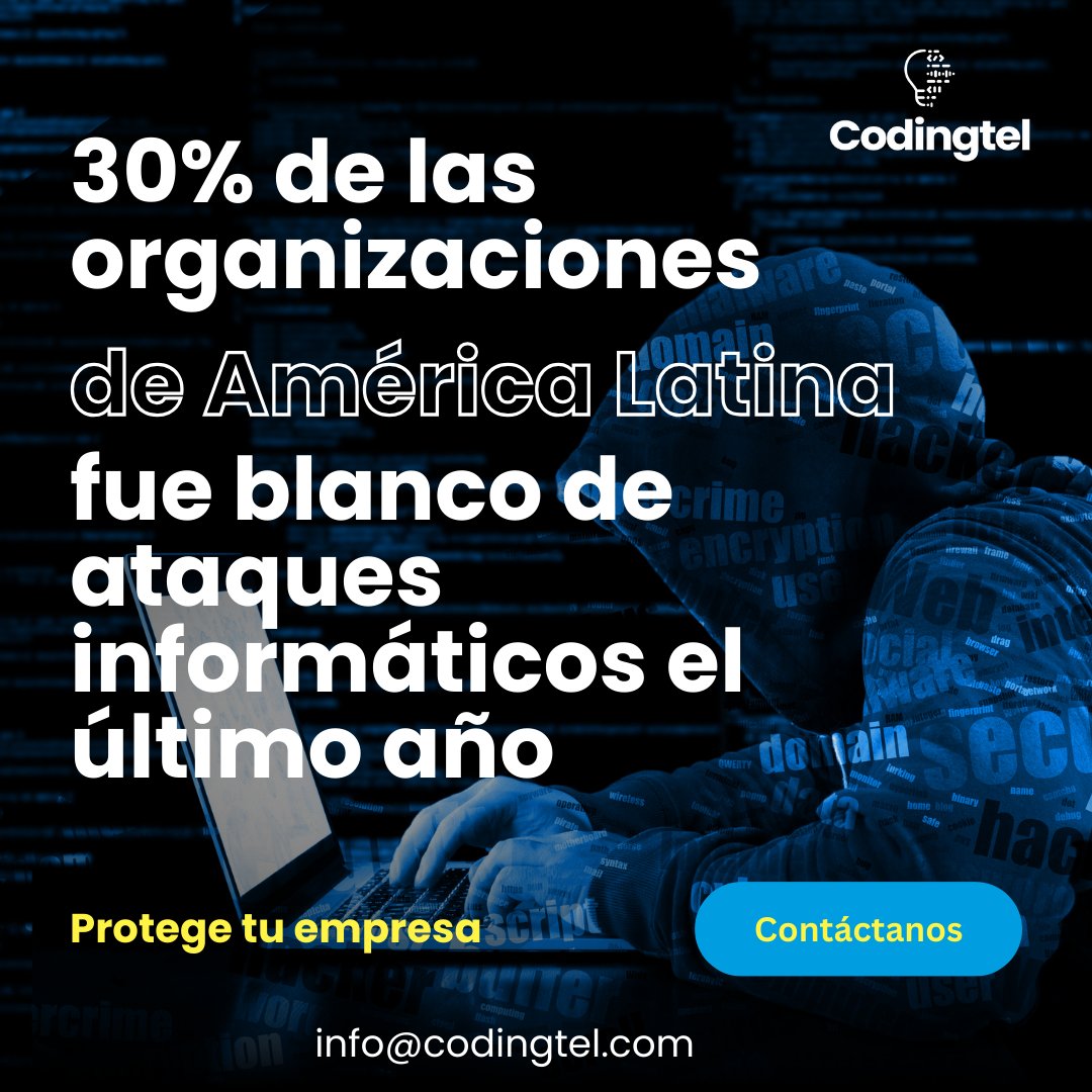 codingtel's tweet image. 🚨El 30%de las organizaciones en América Latina sufrió ataques informáticos en el último año
¡No seas una estadística! Fortalece tu ciberseguridad. 
Contáctanos para descubrir cómo podemos ayudarte a proteger tu negocio contra los ciberataques. 🚀#Ciberseguridad #ESET #Codingtel