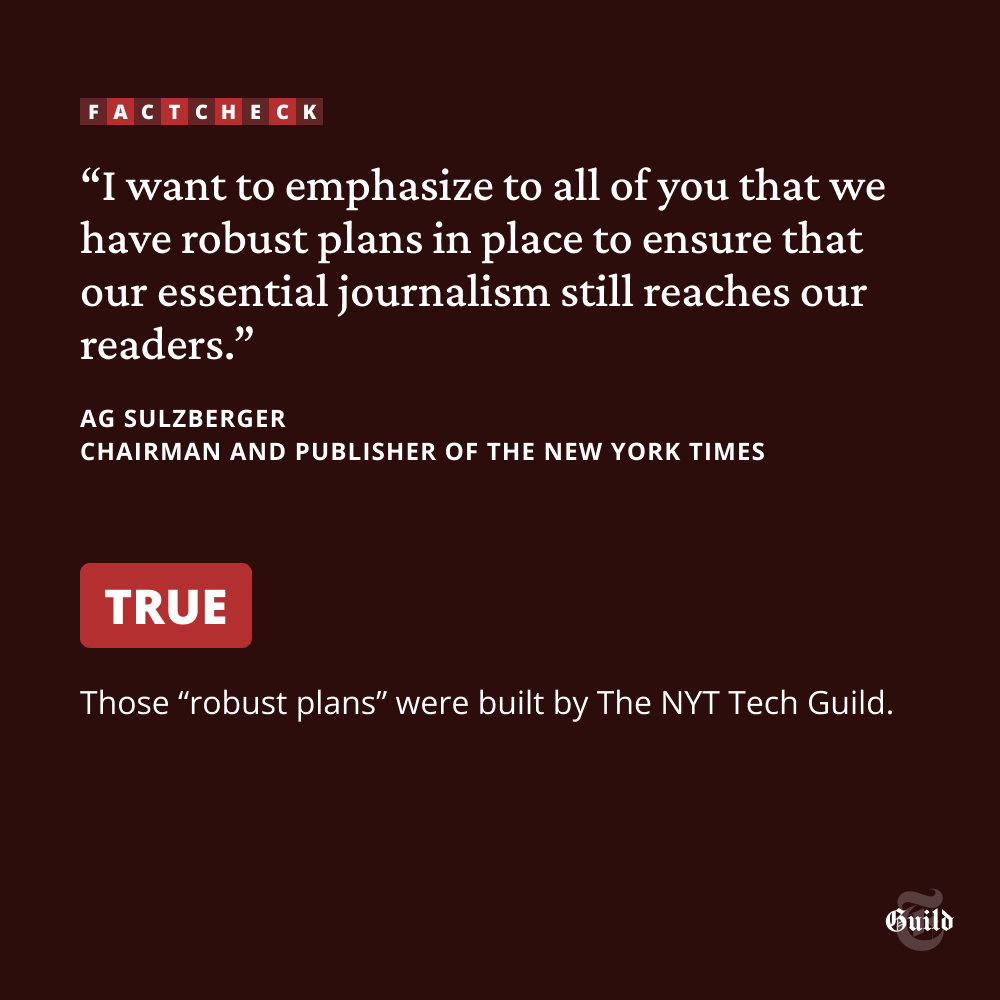 Our leadership <a href="/nytimes/">The New York Times</a> likes to pretend we’re replaceable, claiming they have a “robust plan in place” for handling election night traffic, but we know the truth: That plan is built on our labor.