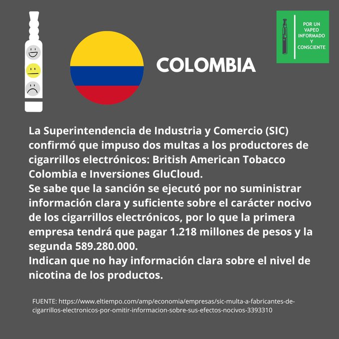 Colombia: La Superintendencia de Industria y Comercio (SIC) confirmó que impuso dos multas a los productores de cigarrillos electrónicos: British American Tobacco Colombia e Inversiones GluCloud. Se sabe que la sanción se ejecutó por no suministrar información clara y suficiente sobre el carácter nocivo de los cigarrillos electrónicos, por lo que la primera empresa tendrá que pagar 1.218 millones de pesos y la segunda 589.280.000. Indican que no hay información clara sobre el nivel de nicotina de los productos.