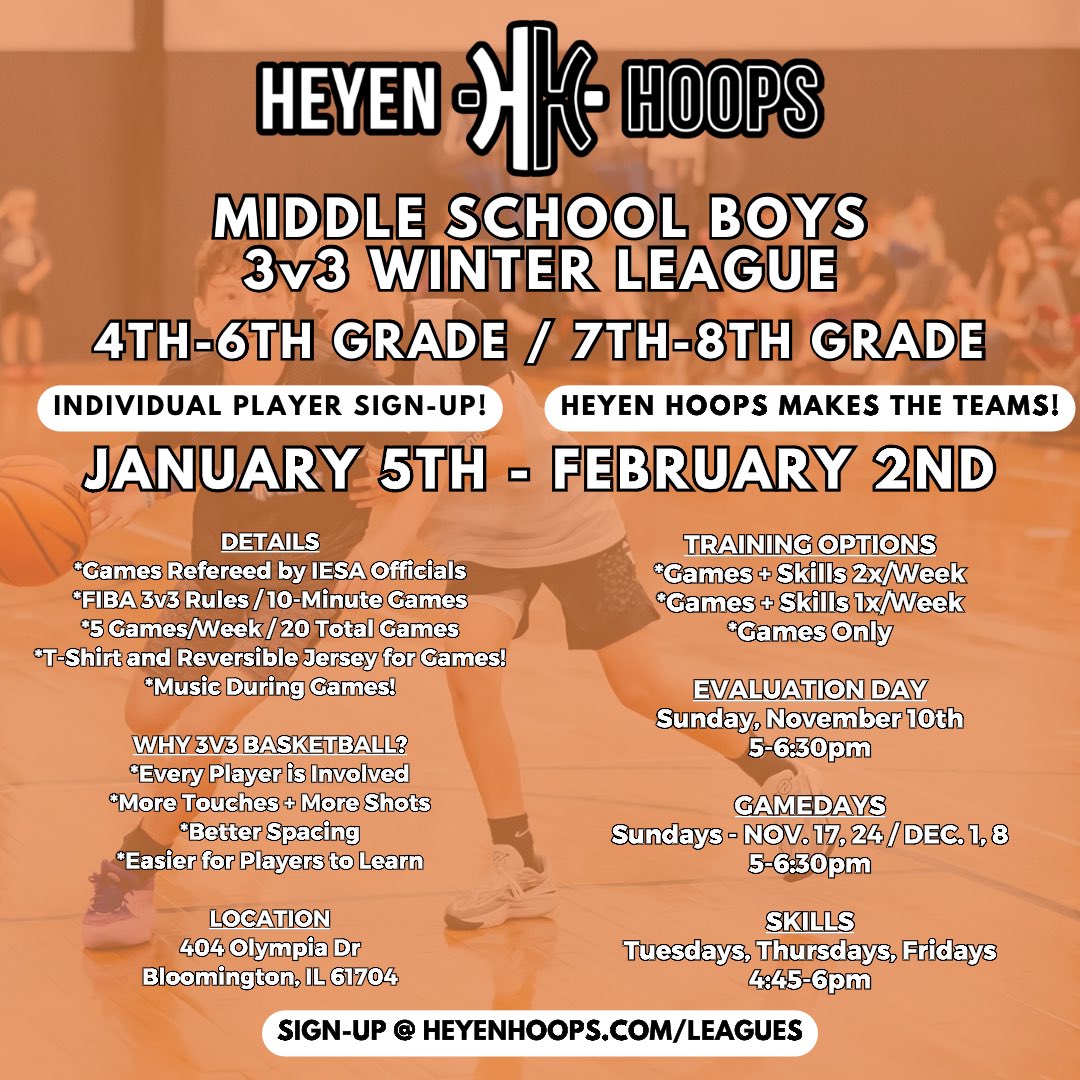 Winter 3v3 League for 4th-8th Grade Boys ⛄️
*This is for athletes NOT playing for their 7th/8th Grade school teams in the winter!

GET BETTER THIS WINTER! - cognitoforms.com/HeyenHoops1/_5…