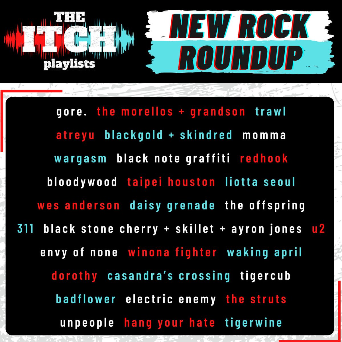 Playlist update!

October was stacked with new releases from Itch guests, including <a href="/GoreTheBand/">Gore.theband</a>, <a href="/atreyuofficial/">Atreyu</a>, <a href="/skilletmusic/">Skillet</a> + <a href="/AyronJonesMusic/">Ayron Jones</a> (+ <a href="/BlkStoneCherry/">Black Stone Cherry</a>), <a href="/311/">311</a>, <a href="/BlackNoteGraffi/">BLACK NOTE GRAFFITI</a>, <a href="/SongsByWes/">Wes Anderson</a>, <a href="/winonafighter/">WINONA FIGHTER</a>, <a href="/weareunpeople/">unpeople</a>, and more!

Enjoy: bit.ly/itchnewmusic