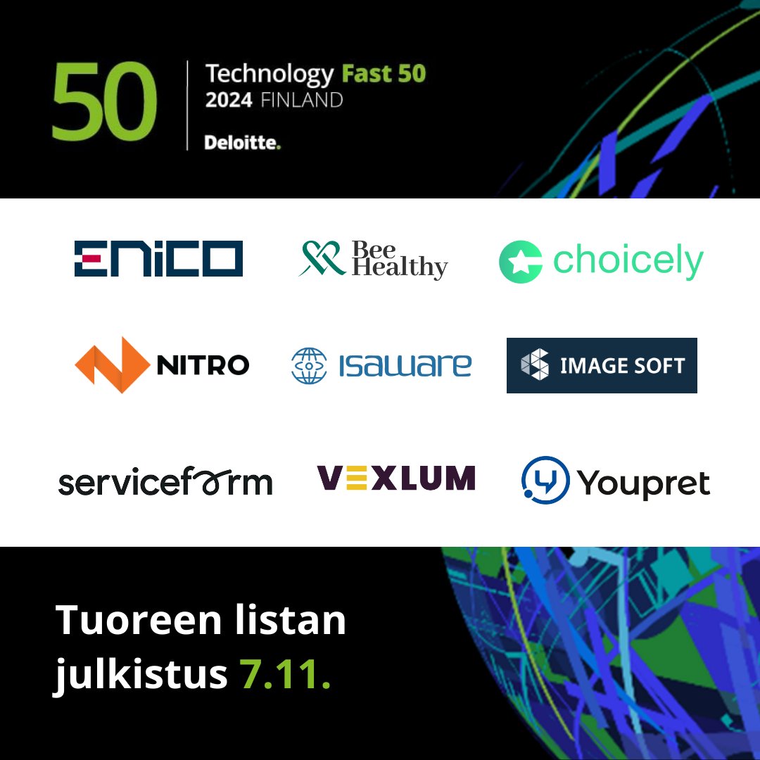Deloitten Technology Fast 50 -ohjelman voittaja ja koko listaus selviää huomenna 7.11.2024. 🚀 Tänä vuonna listalle ovat yltäneet mm. seuraavat yritykset. 

Lue lisää ohjelmasta: deloi.tt/3YS1gtF

#TechnologyFast50 #Fast50 #DeloitteFinland