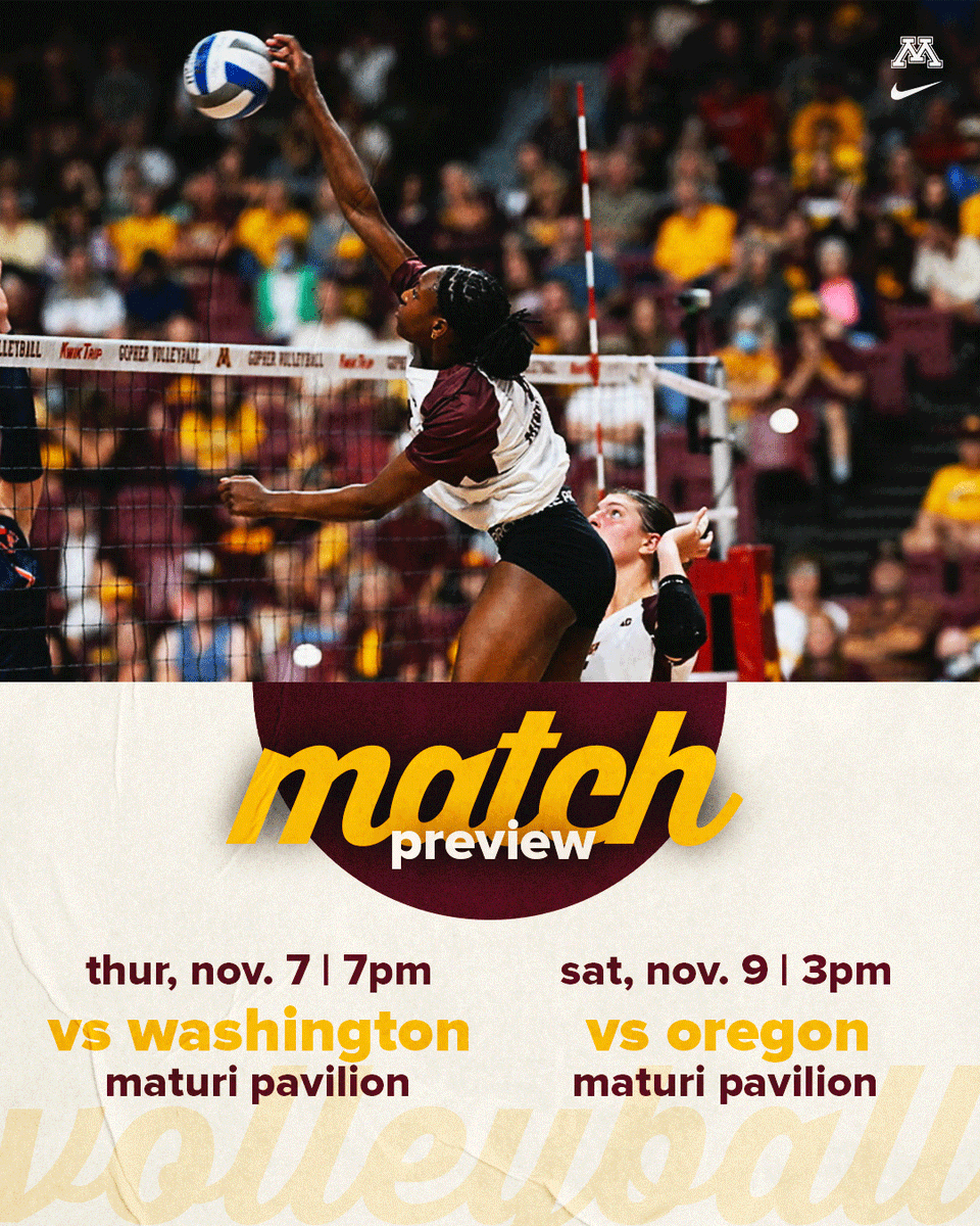No. 14 Minnesota (16-6, 9-3 B1G) stays home to play Washington (17-5, 7-5 B1G) and No. 12 Oregon (17-4, 9-3 B1G) Thursday and Saturday.  

Thursday's match is Salute to Service night while Saturday is Alumni Day at the Pav!  

Preview ⬇️

🔗: z.umn.edu/Previews24