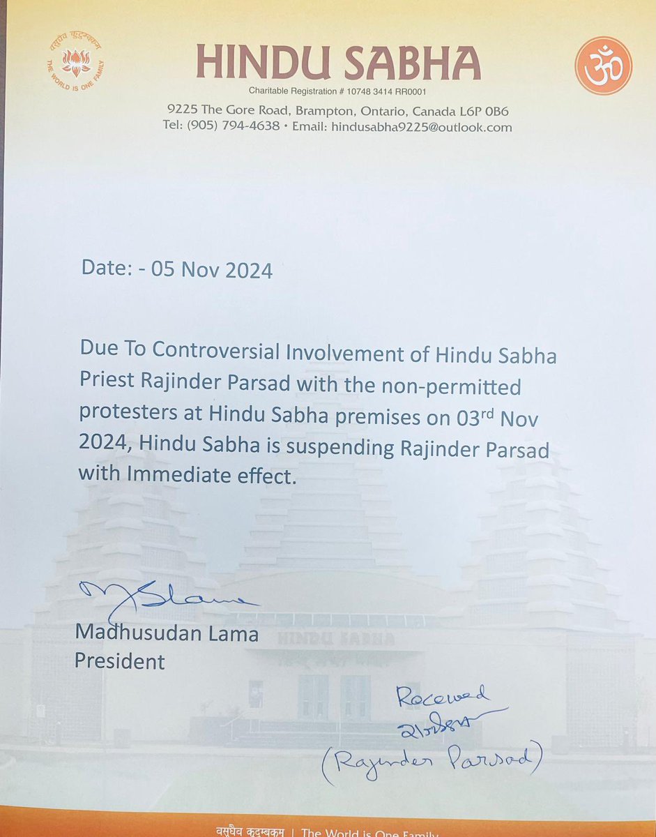 patrickbrownont's tweet photo. This is leadership that is helpful. The vast majority of Sikh Canadians and Hindu Canadians want to live in harmony and don’t tolerate violence. 

Hindu Sabha Mandir President Madhusudan Lama has suspended the pundit who spread violent rhetoric.  

The Ontario Sikhs and Gurdwara Council denounced the acts of violence at the Hindu Sabha on Sunday night. 

Remember we all have more in common than what divides us. In tense times, we can’t let the agitators fuel the flames of division. The leadership of both Sikh and Hindu communities in the GTA do not want this division, hate and violence. 

I am asking everyone in the community to not respond to violence and hate. Law enforcement will be there to respond. This is their job. We must continue to be the country where the rule of law is followed.