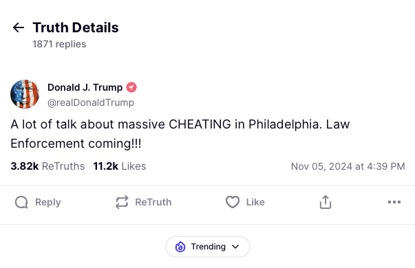 🇺🇸🗳️ | URGENTE

Trump denuncia “fraude masivo” en Filadelfia y anuncia que ¡las fuerzas del orden están en camino! La tensión crece en uno de los estados clave para definir el resultado electoral.