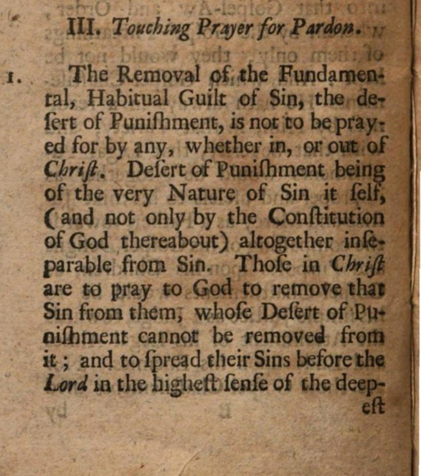 ParticularBapt's tweet image. 🧵Thomas Gilbert is extremely helpful on prayer for the pardon of sin.

Those in Christ are to pray for the removal of sin, that in its very nature is deserving of dreadful legal punishments; from which legal punishments they have been freed from, upon first believing in Christ.