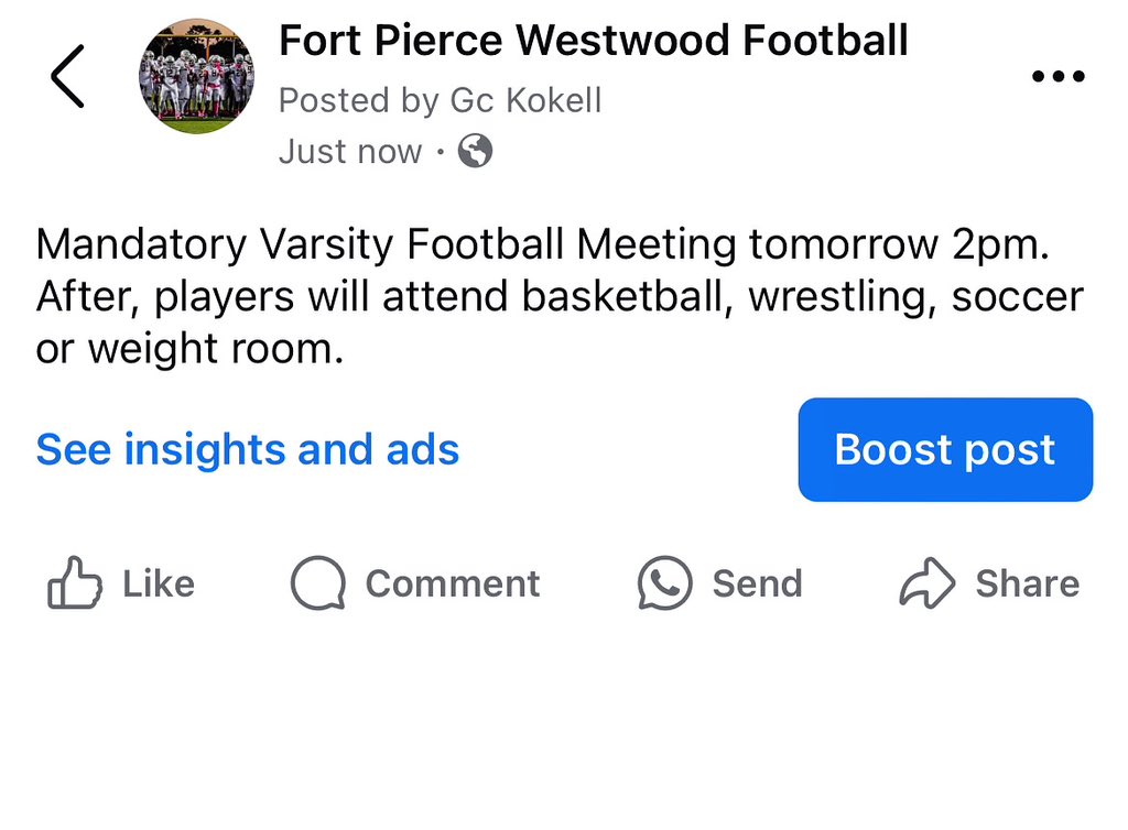 FPWestwoodFB's tweet photo. Mandatory Varsity Football Meeting tomorrow 2pm. After, players will attend basketball, wrestling, soccer or weight room. https://t.co/vnFPnx7D5M