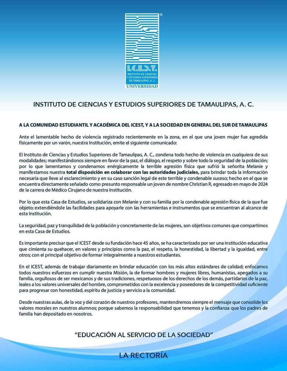 4CNewsMx's tweet photo. Tamaulipas | El #ICEST pide todo el peso de la ley contra el joven egresado de Medicina, Christian de Jesús Rojas Martínez, por la brutal agresión contra la joven Melanie de Jesús. https://t.co/YwyXpZB6j4
