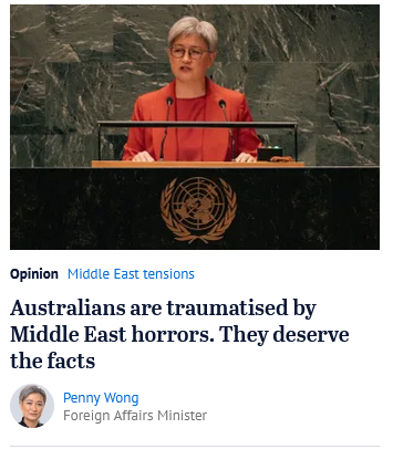 boganintel's tweet photo. Here are the facts:

*Penny Wong has supported Israel diplomatically, economically and militarily.

*Penny Wong was one of the first to suspend UNRWA funding.

*Penny Wong has watered down ICJ and UN rulings.

*Penny Wong has abstained and voted no on UN resolutions to bring an end to this crisis.

*Penny Wong visited Israel to support it whilst it was destroying hospitals in Gaza.

*Penny Wong has only offered stern words for over a year of a rolling live streamed genocide.

*Penny Wong's position on said 'Middle East horrors' has endangered Australian prestige and international standing.

*Penny Wong has offered no red lines, nor so much warned Israel over its genocidal actions.

Australians are traumatised by these facts.