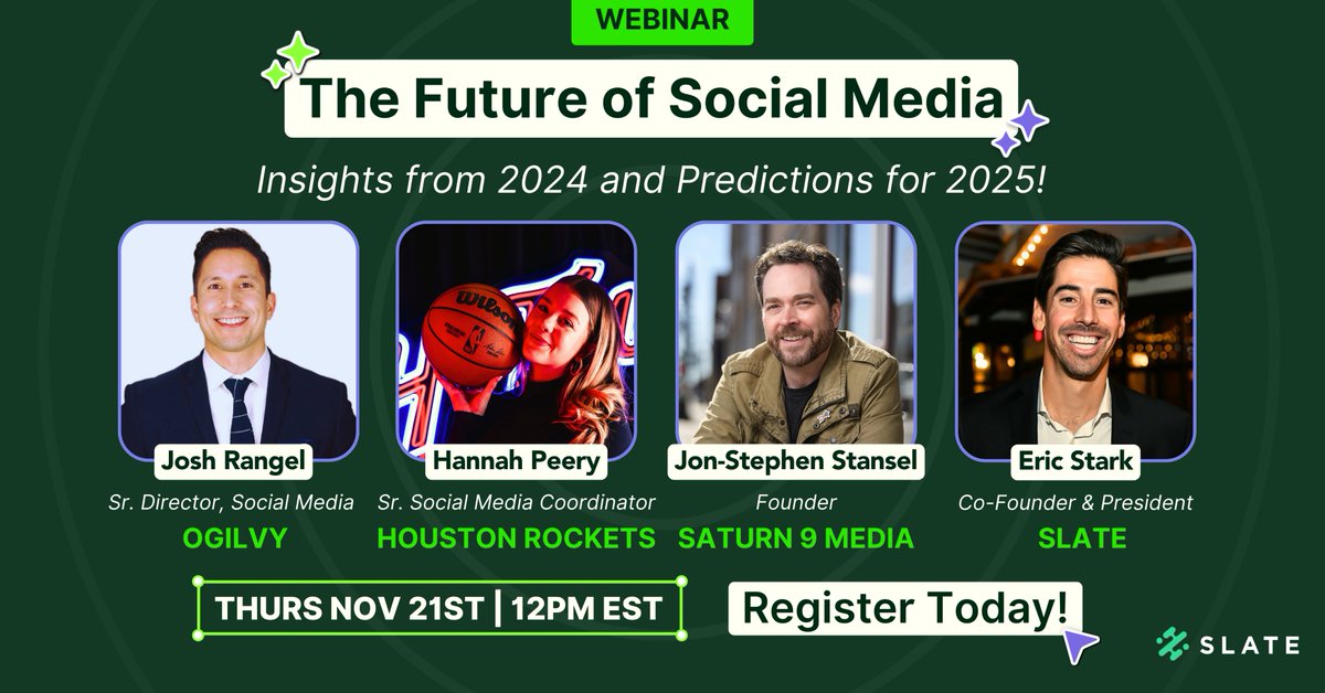 Join us on Thurs Nov 21st @ 12 PM EST for The Future of Social: Insights from 2024 &amp; Predictions for 2025 with experts Josh Rangel, Hannah Peery, Jon-Stephen Stansel and Eric Stark hosted by Jazveena Sahota!

Save your spot 🔗: app.livestorm.co/slateteams/the…