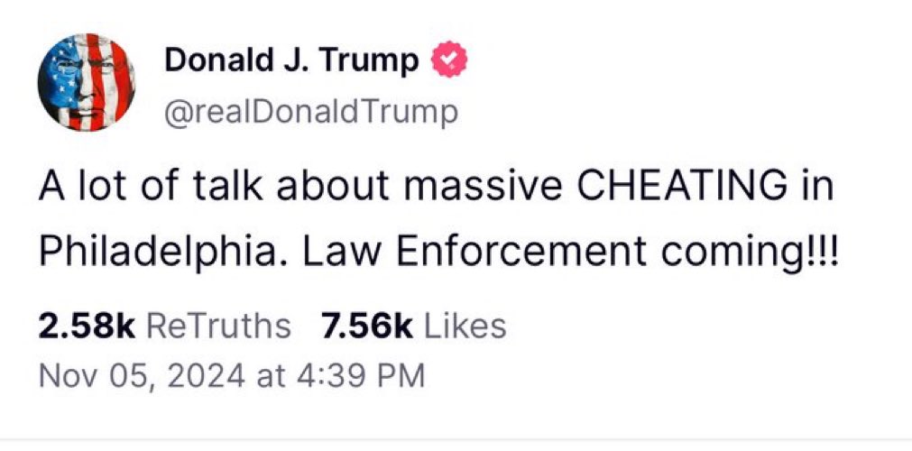 BillyRayTucker's tweet photo. Local Philly police said they don’t know what President Trump is talking about. 

Better up the meds as dementia is kicking in. Or, he’s using dementia, like bone spurs, to stay at Mar a Lago instead of going away to prison 

#Trump #ElectionDay https://t.co/SOVrSZY5dj