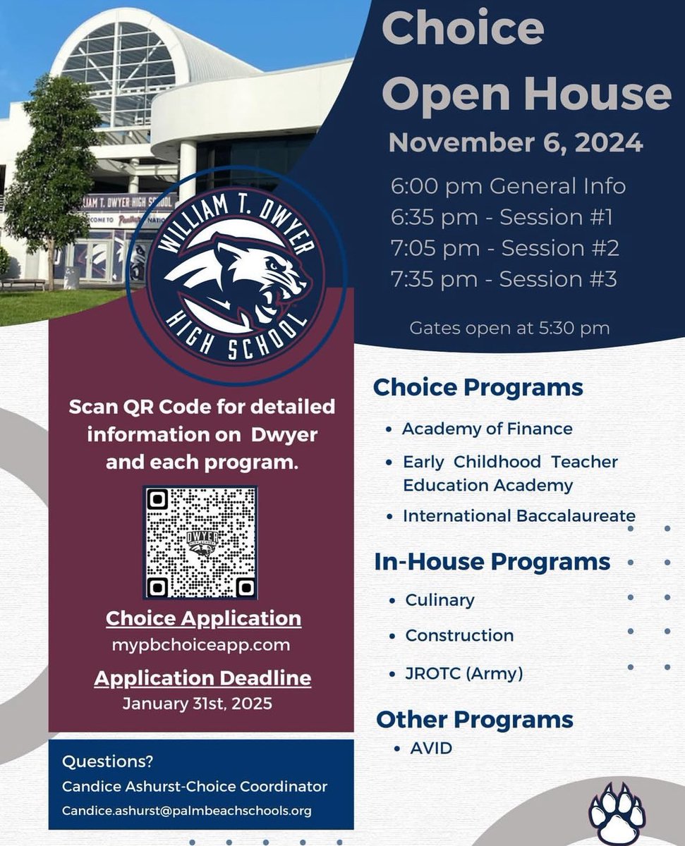 Interested in a Dwyer High School Choice Program? Join us tomorrow evening (Wednesday, November 6th) for our Choice Open House. General info session begins at 6pm, followed by break-out sessions for a more in-depth look at individual programs.
#WeAreDwyer #WhereYouBelong