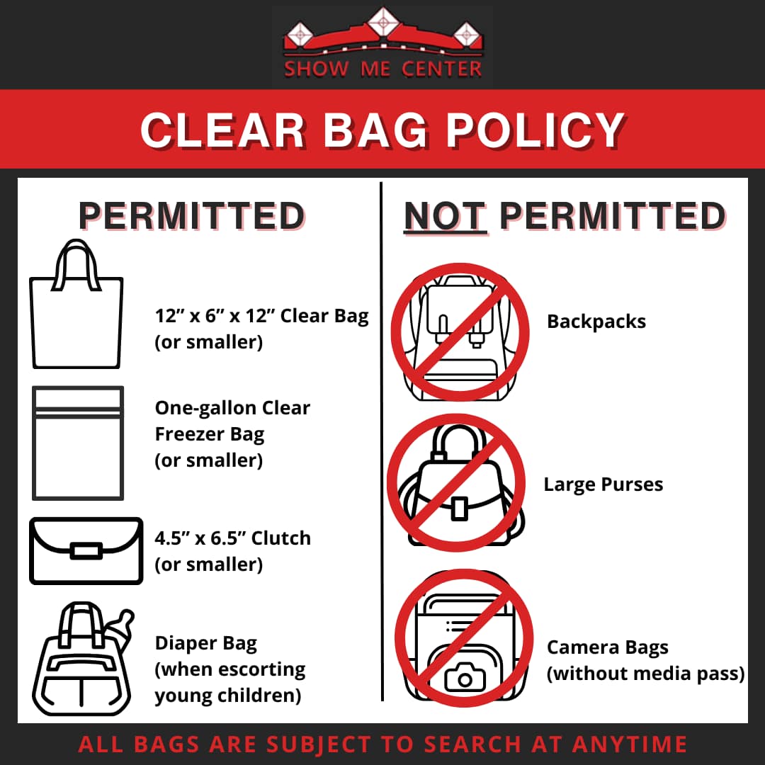 REMINDER! The Show Me Center has implemented a clear bag policy, and the policy will be enforced for spectators at this week's state volleyball championships. This policy does not apply to competing athletes and coaches. The full policy can be viewed at showmecenter.biz/arena-policies/