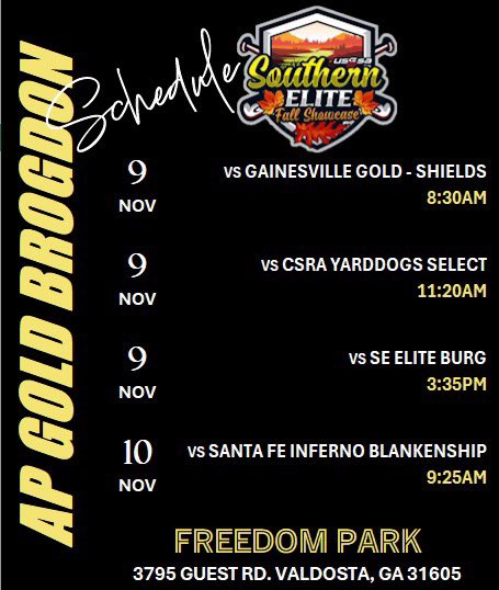 Atlanta Premier Gold Brogdon 18U (@apbrogdon18u) on Twitter photo Schedule drop for our first showcase of the fall season! You wonโt want to miss seeing this talented team in action! <a href="/ApFastpitch/">AP Fastpitch Softball</a> <a href="/SoftballDown/">Down South Softball</a> <a href="/USSSAFastpitch/">USSSA Fastpitch</a> Schedule drop for our first showcase of the fall season! You wonโt want to miss seeing this talented team in action! <a href="/ApFastpitch/">AP Fastpitch Softball</a> <a href="/SoftballDown/">Down South Softball</a> <a href="/USSSAFastpitch/">USSSA Fastpitch</a>