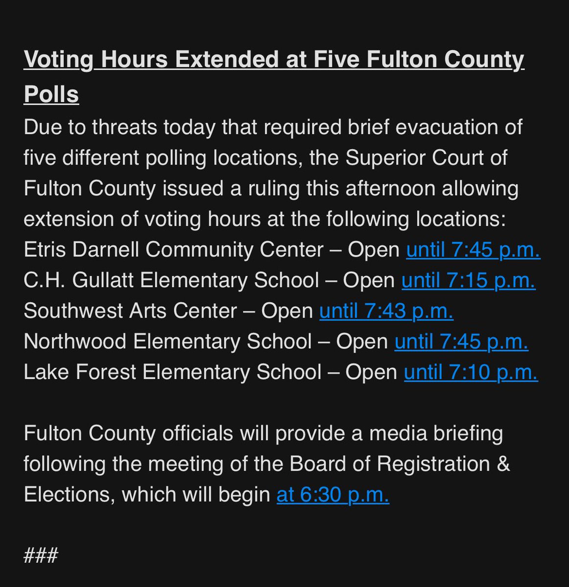 Fulton County Superior Court has ruled to extend voting hours for five different polling locations in Fulton County after threats disrupted voting with evacuations. <a href="/wabenews/">WABE News</a>