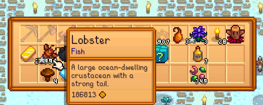 _EdgarGomez's tweet photo. Today I was playing @rStardewValley  just a little bit to relax and I found a bug. I tried to take a Lobster from a crab pot but my inventory was full. Then when I made some space and took the lobster... there were 999 Lobsters. I updated to the last version today @ConcernedApe https://t.co/w6TuxuSGb0