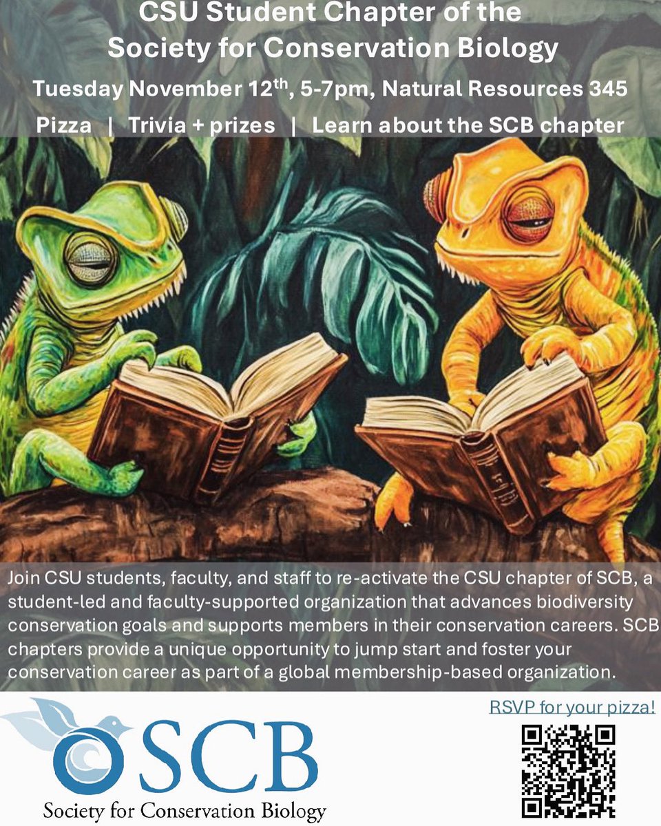 Join CSU students, faculty, and staff for an information session to learn about and re-activate the CSU Student Chapter of the Society for Conservation Biology (SCB) on Tuesday November 12th, 5-7pm, Natural Resources 345. There will be pizza, trivia and prizes.