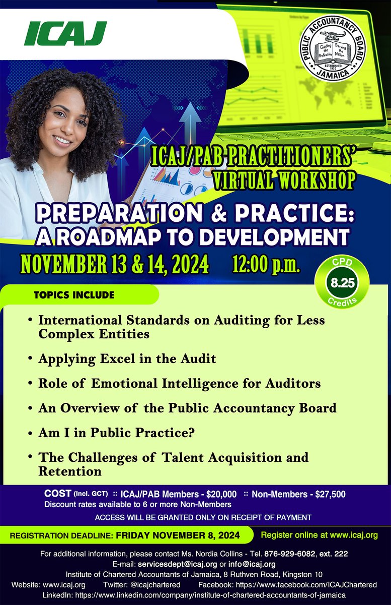 ICAJ (@icajchartered) on Twitter photo Don’t miss the ICAJ/PAB Practitioners' Virtual Workshop on November 13 & 14, 2024. Dive into essential topics designed to elevate your practice and skills.
Visit icaj.org, email servicesdept@icaj.org, or call (876) 929-6082 to secure your spot.
#ICAJ #PABWorkshop Don’t miss the ICAJ/PAB Practitioners' Virtual Workshop on November 13 & 14, 2024. Dive into essential topics designed to elevate your practice and skills.
Visit icaj.org, email servicesdept@icaj.org, or call (876) 929-6082 to secure your spot.
#ICAJ #PABWorkshop