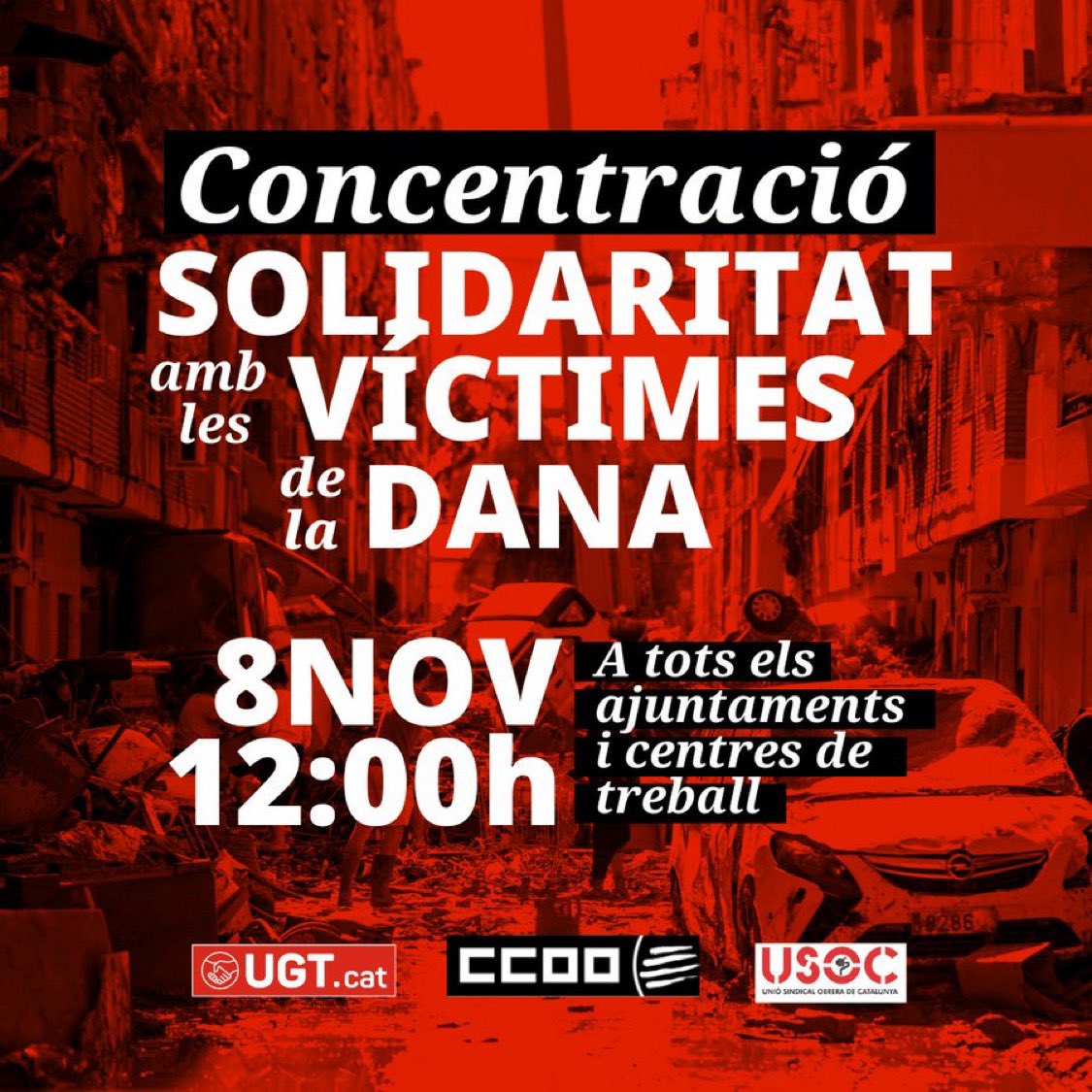 El divendres 8N a les 12h convoquem aturades a tots els centres de treball

Ens solidaritzen amb persones afectades per la DANA i demanem actuacions unitàries per recuperar les desaparegudes i aprovar un escut social x reconstruir els danys x l’inundació el més aviat possible