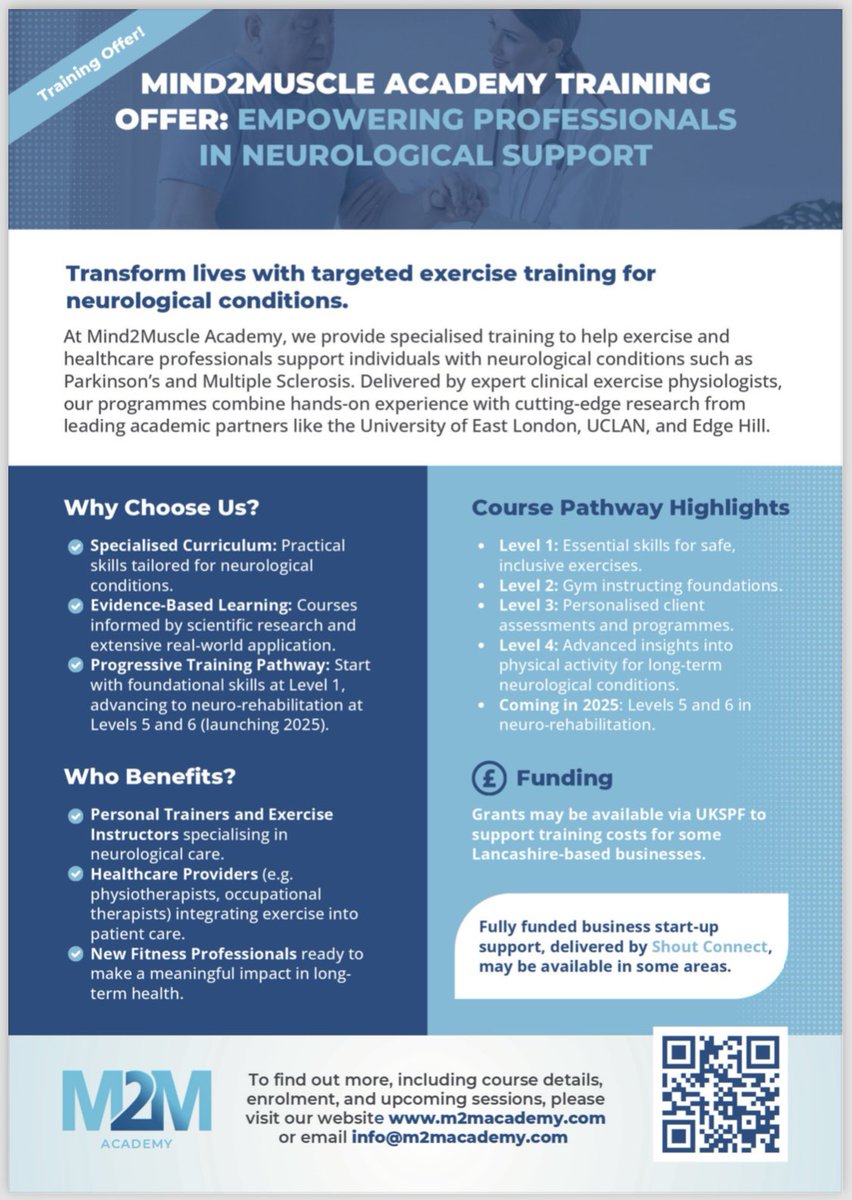 At <a href="/_Mind2Muscle/">Mind2Muscle®️</a> Academy, we provide specialised, accredited and regulated education and training to help exercise and healthcare professionals to support individuals with neurological conditions along with exercise programming related to each persons individual symptoms.  

*