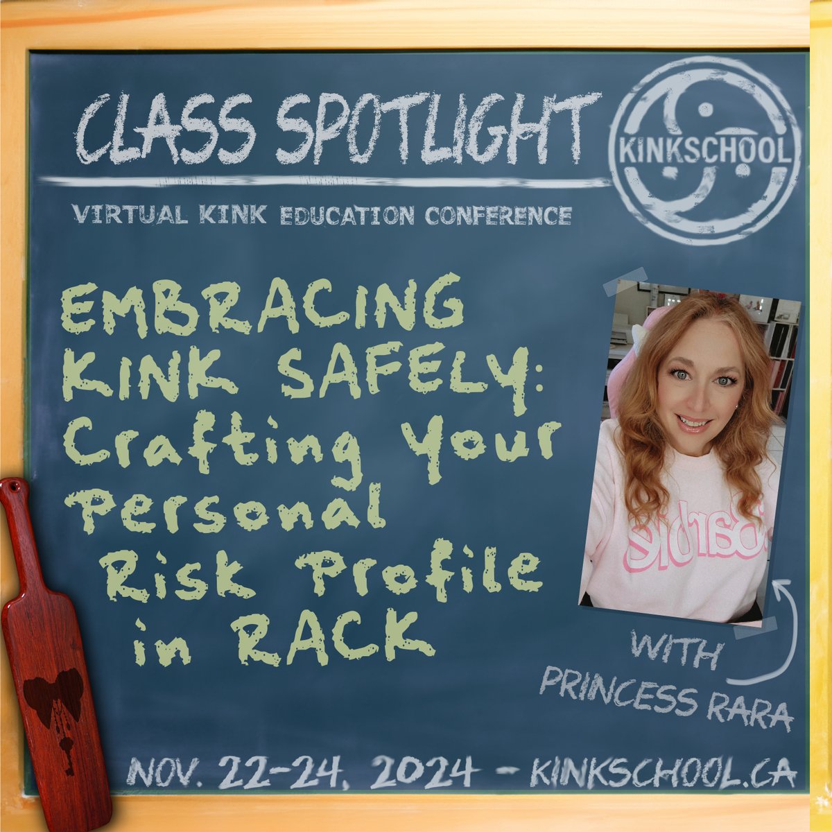KinkSchoolCa's tweet photo. CLASS SPOTLIGHT: Embracing Kink Safely- Crafting Your Personal Risk Profile in RACK

Establishing a personal Risk Profile, &amp; exploring the essential information to consider creating one.

Instructor: @pinkKinkPodcast

Tix: https://t.co/psPbIYGgsO https://t.co/4QZEpZfio6