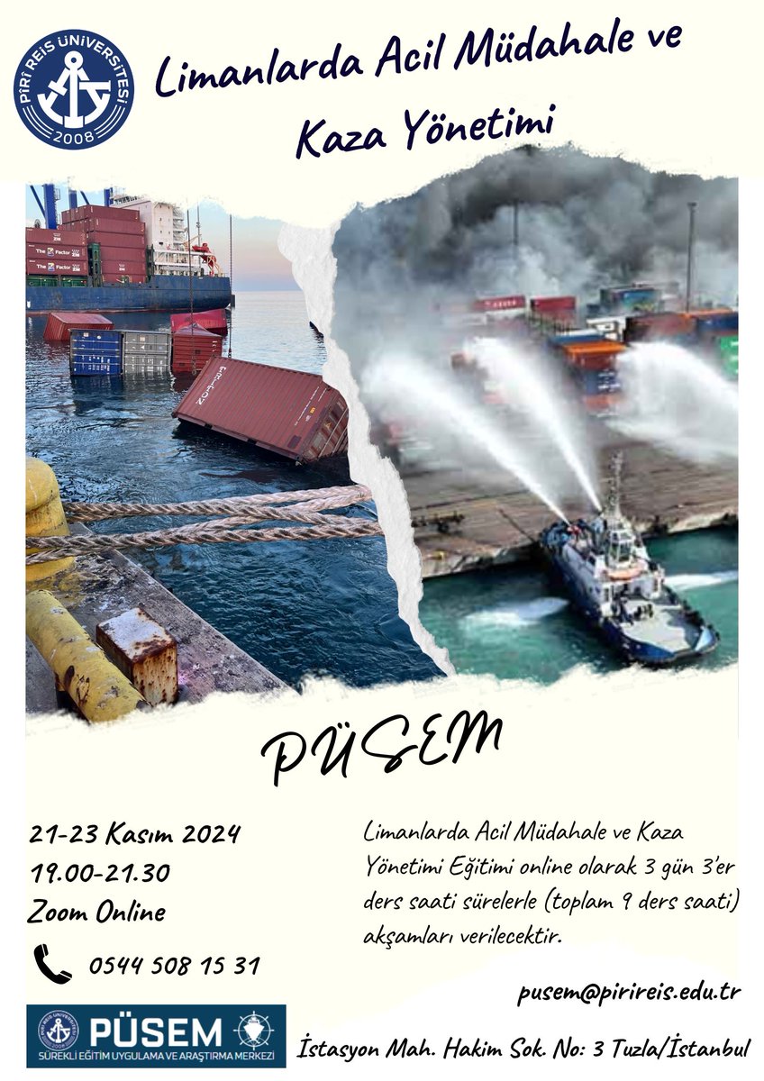 On November 21, 2024, PUSEM will launch its training initiative regarding Emergency Response and Incident Management for Ports.

PÜSEM, 21 Kasım 2024 tarihinde; Limanlarda Acil Müdahale ve Kaza Yönetimi ile ilgili eğitim başlatıyor.