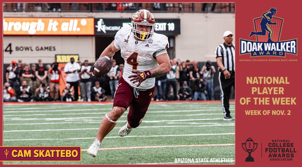 Doak Walker Award (@doakwalkeraward) on Twitter photo A hat trick for <a href="/camskattebo5/">cameron skattebo</a>!
Skattebo once again thrilled his audience with 274 all-purpose yards split near-evenly between rushing and receiving yards and a season-best three touchdowns in a win on Saturday.
<a href="/ASUFootball/">Sun Devil Football</a> A hat trick for <a href="/camskattebo5/">cameron skattebo</a>!
Skattebo once again thrilled his audience with 274 all-purpose yards split near-evenly between rushing and receiving yards and a season-best three touchdowns in a win on Saturday.
<a href="/ASUFootball/">Sun Devil Football</a>