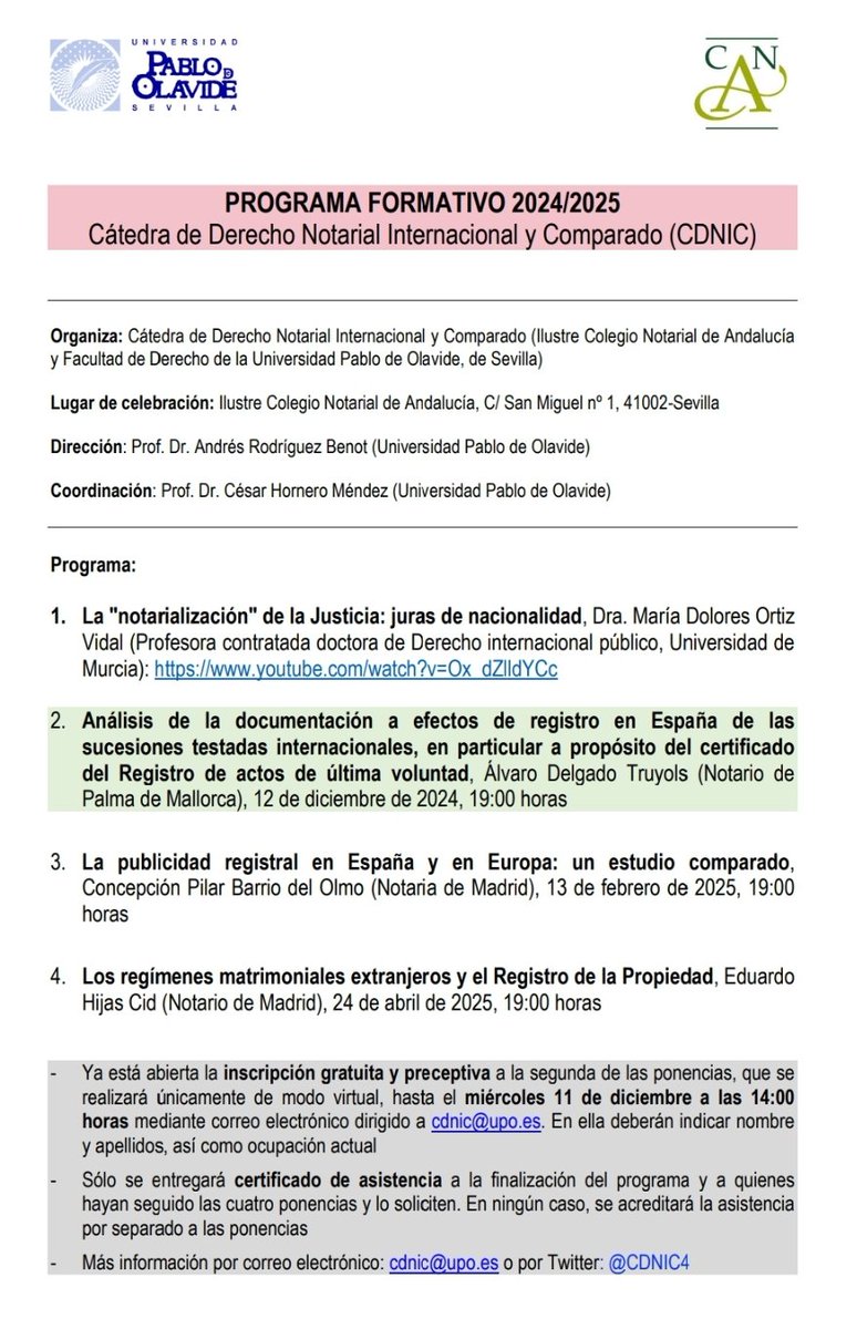 Abierta la inscripción (gratuita y preceptiva) para la 2ª ponencia del programa formativo CDNIC 2024/2025 "Análisis de la documentación a efectos de registro en España de las sucesiones testadas internacionales" a cargo de <a href="/ADTPalma/">Alvaro Delgado Truyols</a>, Notario de Palma de Mallorca
