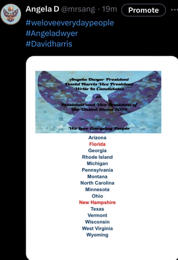 mrsangelataylor's tweet image. #Westvirginia
#WriteInCandidate 
#angeladwyer 
#davidharris 
For President of The United States 2024 
We Love you
#retweet