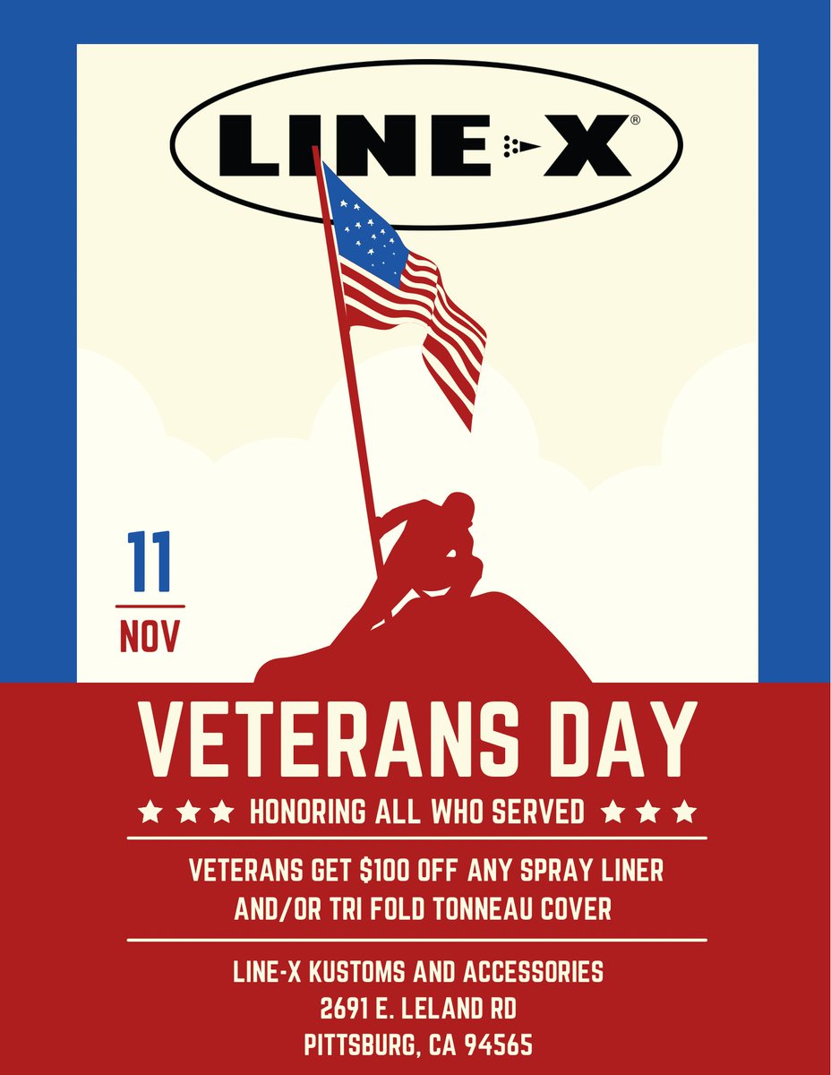 LineKustoms's tweet image. Veterans get $100 off any spray in Bed Liner and/or Tri Folding tonneau cover! 
We will be open 8am - 5pm! 🇺🇸