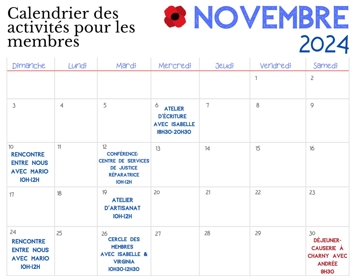 afpad's tweet photo. Bonjour à tous,

Voici le calendrier des activités pour le mois de novembre! Pour toutes informations concernant les inscriptions et autres, veuillez écrire à administration@afpad.ca

Au plaisir de vous y voir!☺️ https://t.co/8jYmwvYOTb