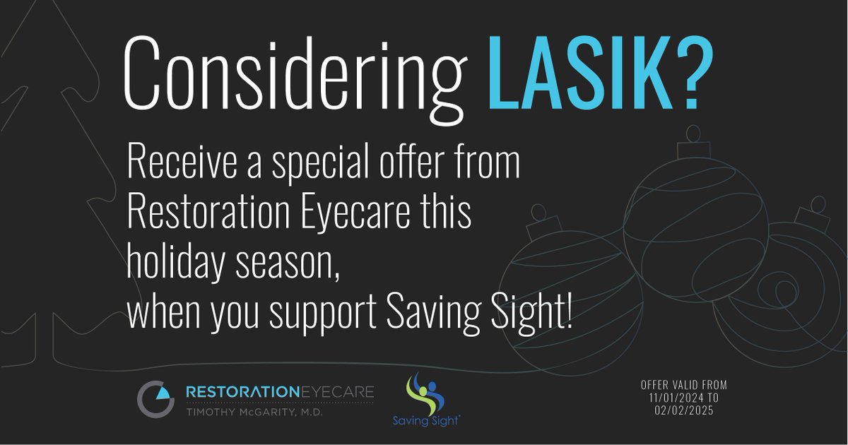 See clearly and give back with Restoration Eye Care! This holiday season, LASIK patients can save $500 and donate 5% to one of six charities, including Saving Sight. Now through Feb 1, 2025.👀 #LASIK #WeSaveSight #RestorationEyeCare