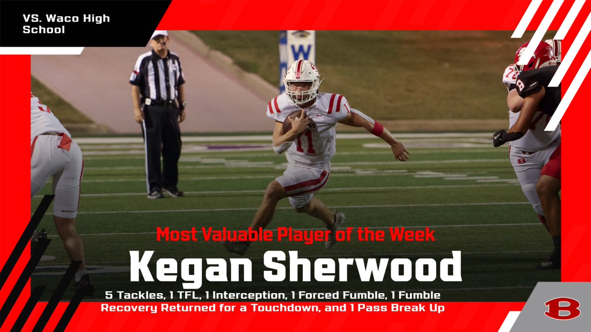 Congratulations to Kegan Sherwood on being named Most Valuable Player of the week against the Lions! The Senior showed out for the Tigers on Friday night in all aspects of the game. Kegan recorded 5 tackles, 1 TFL, 1 int, 1 FF, 1 FR for a TD, 1 PBU, and 7 carries for 40 yds! #BTR