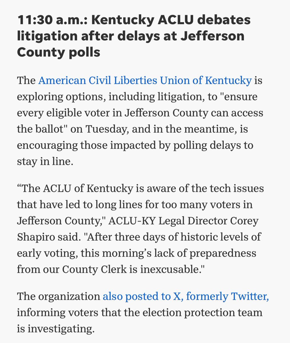 ACLU of KENTUCKY Legal Director Corey Shapiro said, “After three days of historic levels of early voting, this morning’s lack of preparedness from our County Clerk [in Louisville] is inexcusable.” Via <a href="/courierjournal/">Courier Journal</a> <a href="/ACLUofKY/">Follow ACLU of Kentucky on BlueSky @acluofky.bsky</a>