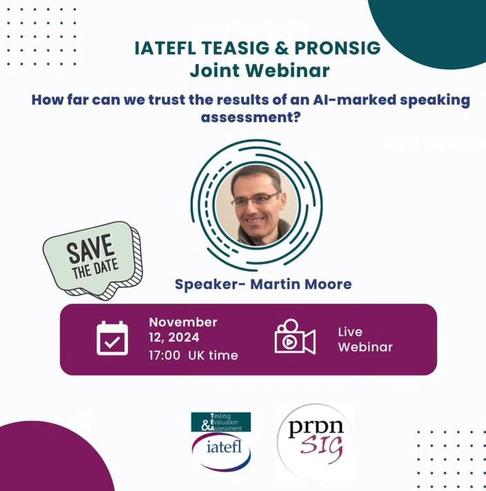 Come join IATEFL TEASIG &amp; PronSIG for this collaborative webinar! 

🗓️ Tuesday November 12, 2024, 5:00-6:00 pm UK Local time. 

▶️ How far can we trust the results of an AI-marked speaking assessment?

🎤 Speaker: Martin Moore

Register here: 
us02web.zoom.us/webinar/regist…