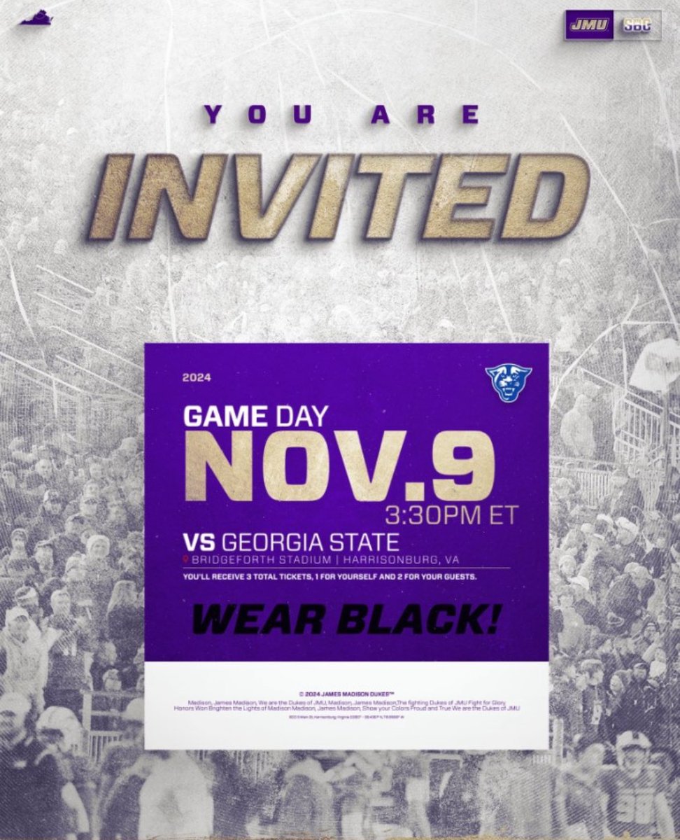 I will be attending <a href="/JMUFootball/">JMU Football</a> for their game against Georgia state saturday thanks to <a href="/JMUFBRecruiting/">JMU Football Recruiting</a> for the invite. 

<a href="/coachpoteat/">Brandon Poteat</a> <a href="/CoachJWilkes/">Jason Wilkes</a> <a href="/WS_Storm_FB/">𝙒𝙞𝙡𝙡𝙤𝙬 𝙎𝙥𝙧𝙞𝙣𝙜 𝙁𝙤𝙤𝙩𝙗𝙖𝙡𝙡</a>