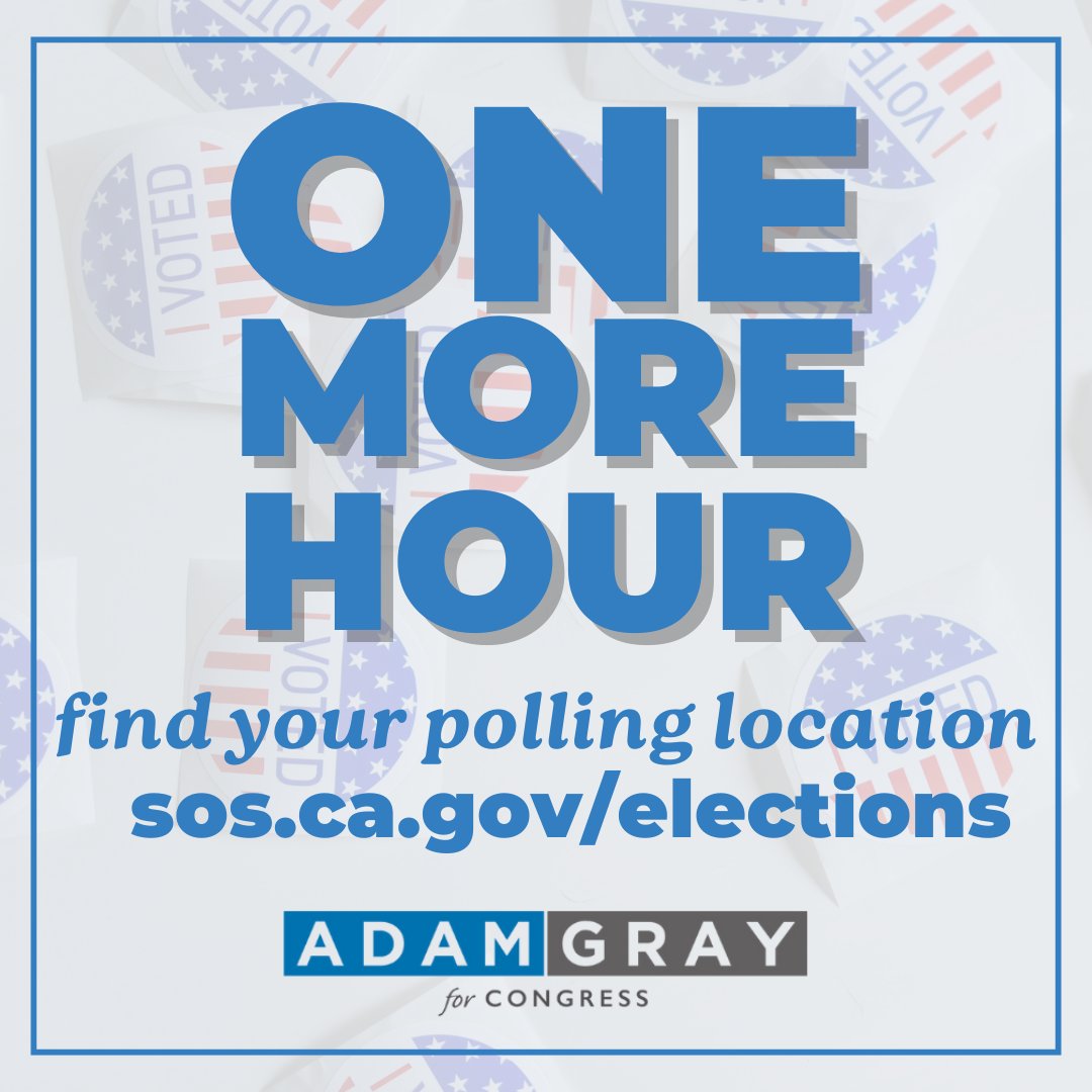 Just one hour until polls close, #CA13! Now’s the time to cast your ballot and make your voice heard.