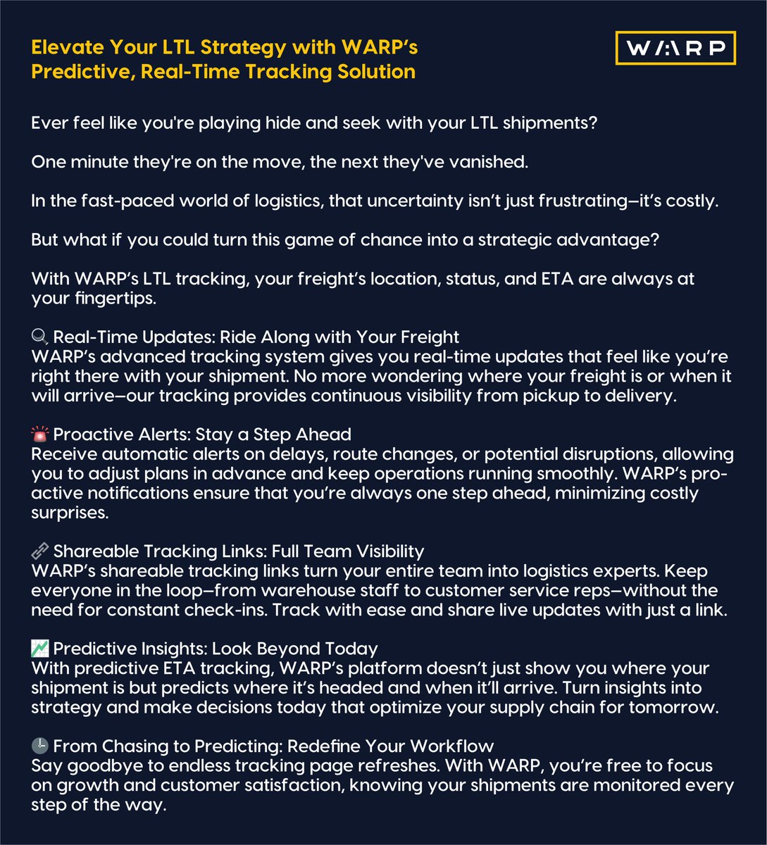 warptechco's tweet photo. Elevate Your LTL Strategy with WARP’s Predictive, Real-Time Tracking Solution
From blind spots to 20/20 vision with WARP’s solution
Book a Strategy Call: https://t.co/v43qxmA1P7
#technology #middlemile #logistics #supplychain #crossdock #freighttech #logisticstech #LTL https://t.co/021RIXq0rd