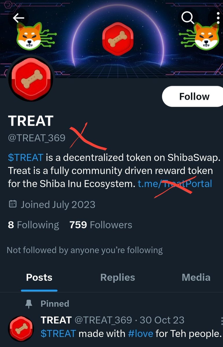 ⚠️ TREAT #ScamAlert ⚠️

Make sure you follow the official account for #SHIB #TREAT

<a href="/treatsforShib/">Shiba Inu Treat</a> = Official TREAT Account.

<a href="/Treat_369/">TREAT</a> = #scammer 👇