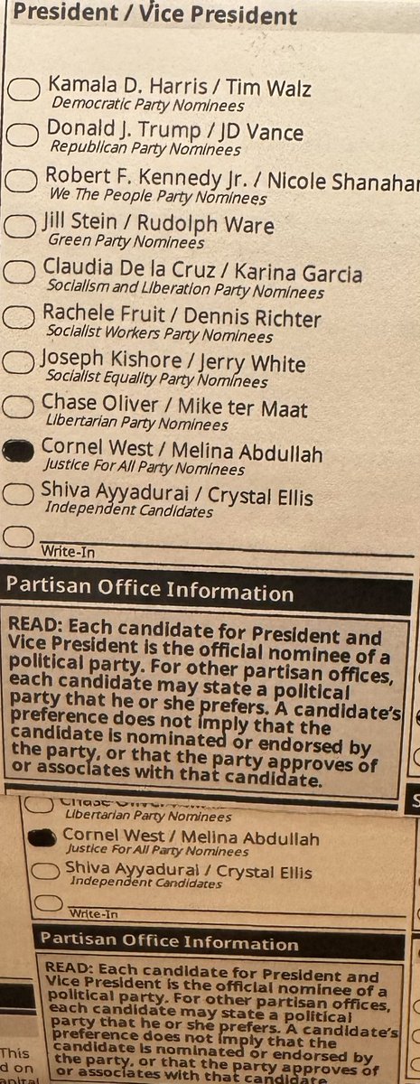 I voted for Cornel West and Melina Abdullah in Washington State! 

Truth. Justice. Love.

🤎🖤♥️