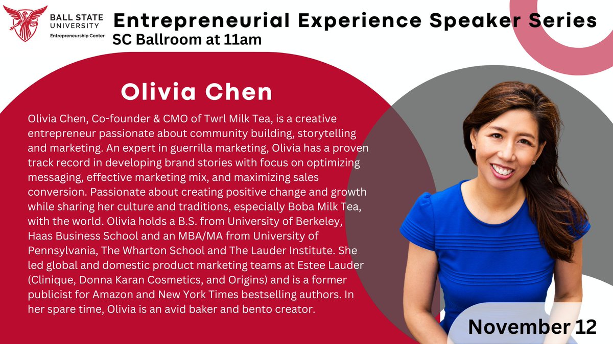 Want to Learn More About Marketing Your Business And Building Your Brand?

Join us next Tuesday in the SC Ballroom at 11am as we welcome entrepreneur and co-founder of Twrl Milk Tea, OliviaChen!