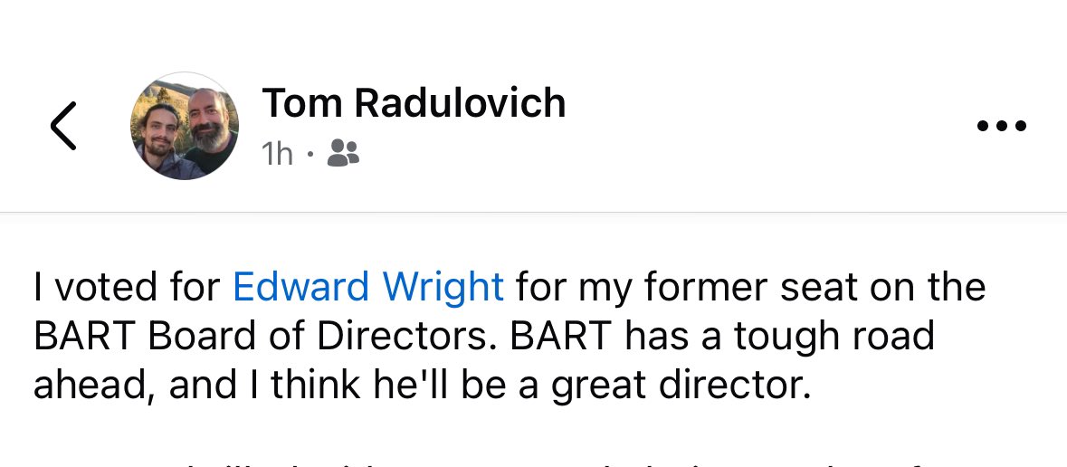 Honored to have the support of former BART D9 Director Tom Radulovich! 

9 hours to go, and feeling the momentum 🔥