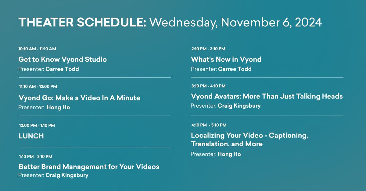 Vyond's tweet image. Here’s a quick look at our Vyond booth schedule for #DevLearn tomorrow! 👀
Drop by for a demo and try your luck at winning a VyondGo backpack! 🎒