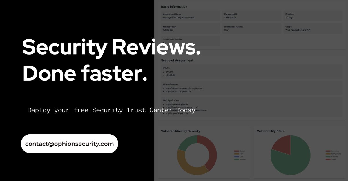 OphionSecurity's tweet image. Endless security reviews, questionnaires, and compliance can be a nightmare when selling to enterprises. 🛡️ What if you could handle it all in one platform? Pentests, Questionnaires, & more. Check it out: ophionsecurity.com/use-case/secur… #Cybersecurity #SaaS #SecurityCompliance