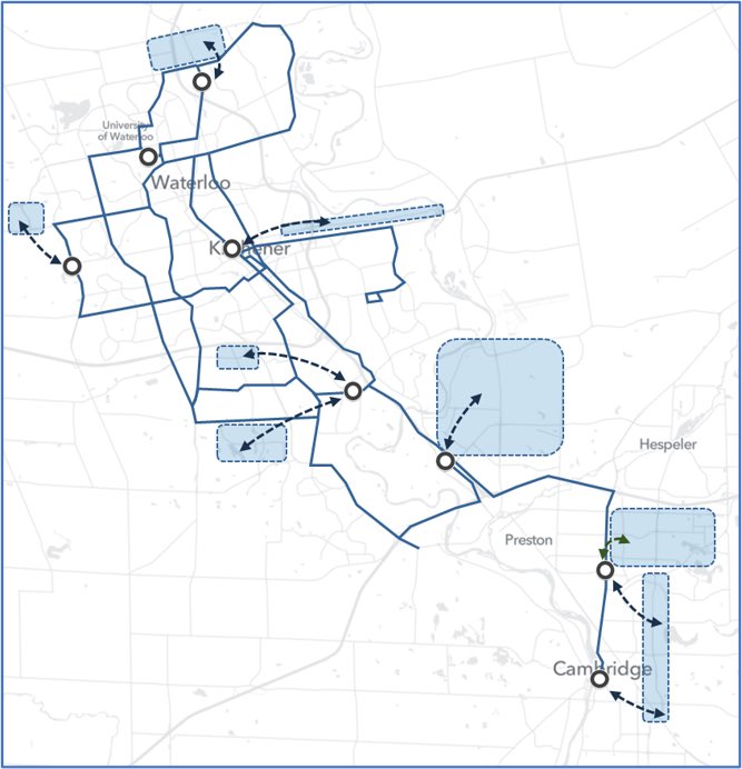 GRT is proposing many service improvements in their 5-year business plan, including a 15-minute network (red), a new highway express route (green), and an overnight network (blue). More info &amp; surveys in the link below: