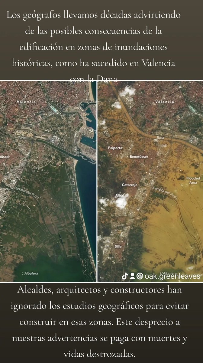 El Colegio de #Geógrafos viene advirtiendo desde hace lustros de las consecuencias del #calentamientoglobal y de las consecuencias de construir en zonas potencialmente #inundables. Pese a disponer de los #estudios #geográficos ha prevalecido el poder del dinero. #Valencia #Dana